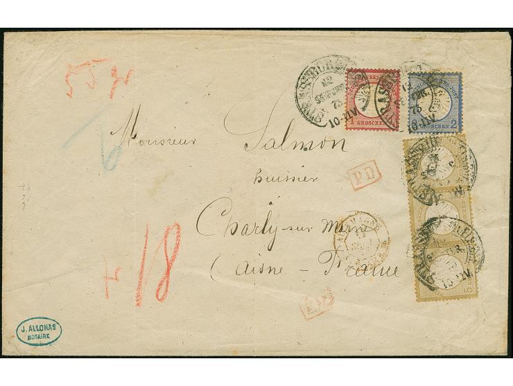 “STRASSBURG i. ELS. BHF. 12.SEPTBR.73” (Spalink 36-2) mehrfach klar auf kleiner Schild 5 Gr. im waagerechten Dreierstreifen, 