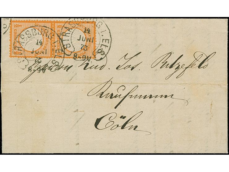 “STRASSBURG i. ELS” (Spalink 36-3) zweimal klar auf senkrechtem Paar kleiner Schild ½ Gr. orange auf komplettem Faltbrief nac