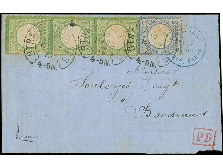 “STRASSBURG i. ELS 18.MARZ.74” (Spalink 36-3) mehrfach recht klar auf senkrechtem Dreierstreifen kleiner Schild ⅓ Gr. gelblic