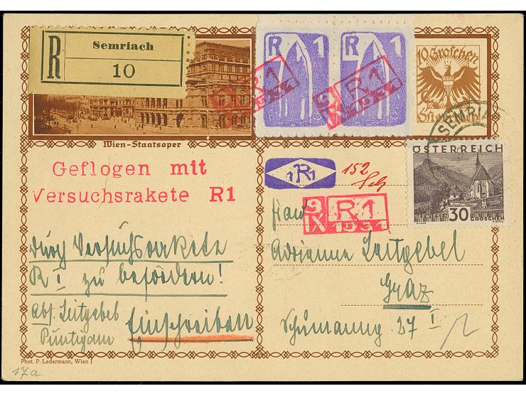 Österreich: 1931, Schmiedl Rakete R1 vom 9.9., eingeschriebene Ganzsachenkarte 10 Groschen mit 30 Gr. mit Stempel "SEMRIACH 9