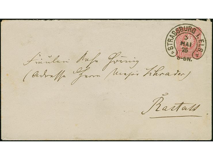 “STRASSBURG I. ELS. 3.MAI.75” (Spalink 36-6) sehr klar auf Ganzsachenumschlag 10 Pfge nach Rastatt mit Ankunftsstempel, in ei