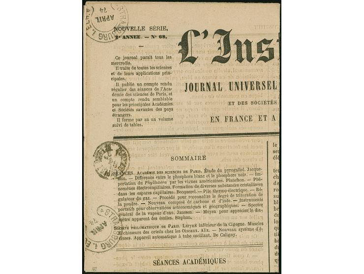 “STRASSBURG I. ELS. APRIL 74” (Spalink 36-6) ohne Tagesdatum zweimal klar auf der 1. Seite der Zeitung “L'Institut” vom 22.4.