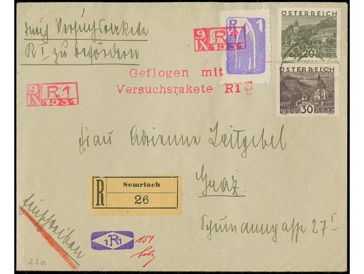 Österreich: 1931, Schmiedl Rakete R1 vom 9.9., R-Brief mit 20 Gr. und 30 Gr. mit Stempel "SEMRIACH 9.IX.31" und Raketenpost-V