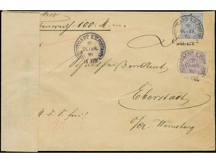 “STUTTGART K.W. POSTAMT I 20.OCTBR.80” (Spalink 37-1) mehrfach klar auf 5 Pfg. hellrotviolett und 20 Pfg. hellgrautürkis als 