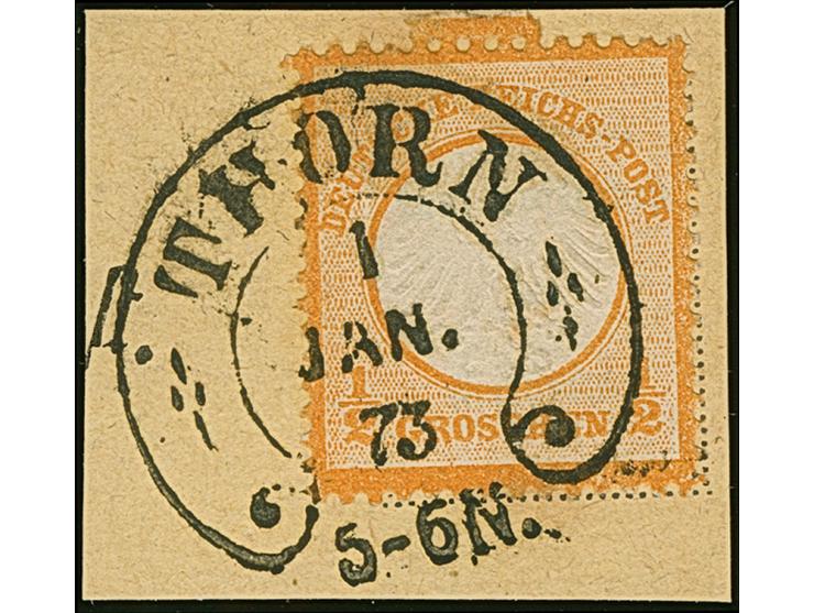 “THORN 1.JAN.73” (Spalink 38-1) sehr klar auf kleiner Schild ½ Gr. orange auf Briefstück. Die farbfrische Marke ist gut geprä