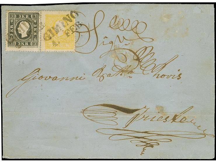 1858, Kaiser Franz Josef 1 Kr. gelb und 3 Kr. schwarz, Type I, als patriotische Frankatur und sauber entwertet durch Stempel 