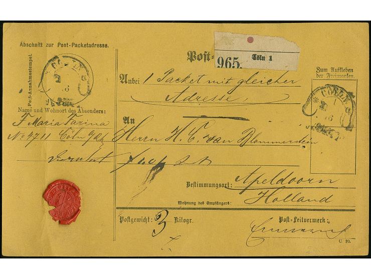 “COELN 1*a 2…76” (Spalink 4-13y2) zweimal etwas undeutlich auf kompletter Paketkarte ohne Taxierung bzw. Frankierung (Porto v