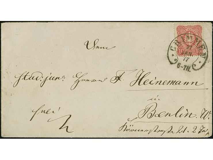 “GRIMMEN 27.JAN.77” (Spalink 15) sehr klar auf 10 Pfge karminrot auf Briefkuvert nach Berlin mit Ankunftsstempel. Die farbfri