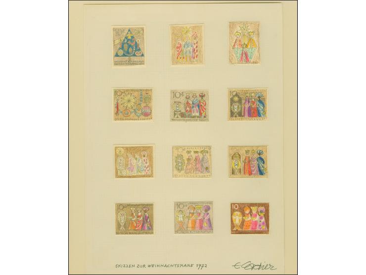 1972, Weihnachtsmarke 30 Pfg. als Entwurf, 24 farbige Skizzen im kleineren Format mit verschiedenen Motiven und mit Wertangab