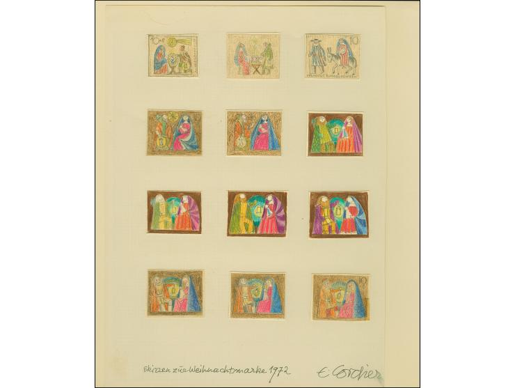 1972, Weihnachtsmarke 30 Pfg. als Entwurf, 24 farbige Skizzen im kleineren Format mit verschiedenen Motiven und mit Wertangab