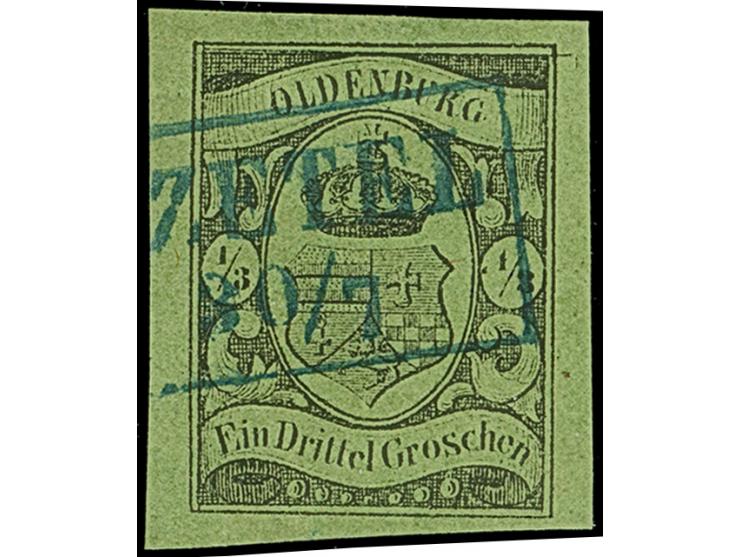 ⅓ Gr, auf grün, farbfrisch und voll- bis meist breitrandig, sehr schön entwertet durch klaren Ra2 “ZETEL 30/7”. Tadellos. Fot