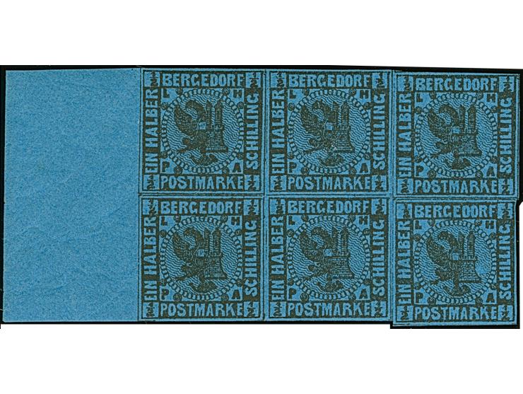1861, ½ Sch. dunkelblau, waagerechter 6er-Block, voll- bis breitrandig, links &nbsp;mit breitem Bogenrand, postfrisch.Fotoatt