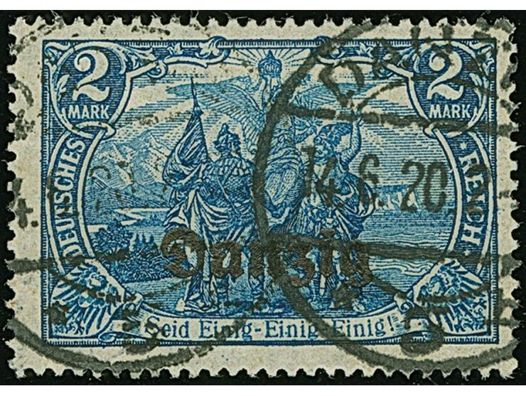 2 M. schwärzlichblau mit zeitgerechter Entwertung “DANZIG *5h 14.6.20”, in einwandfreier Erhaltung, sign. Kniep BPP und Infla