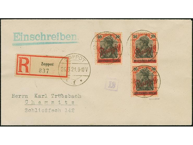1920, “Kleiner Innendienst” 30 Pfg. im senkrechten Paar und Einzelmarke jeweils mit Stempel “ZOPPOT *f* 26.3.21” als tarifger