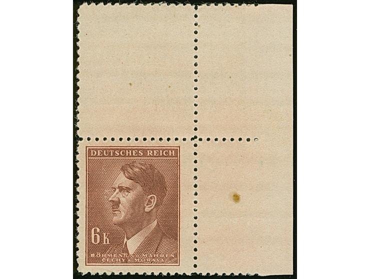 1942 Hitler 6 K. mit komplettem Leerfeld oben, aus der rechten oberen Bogenecke, aus falsch getrenntem Druckbogen, postfrisch