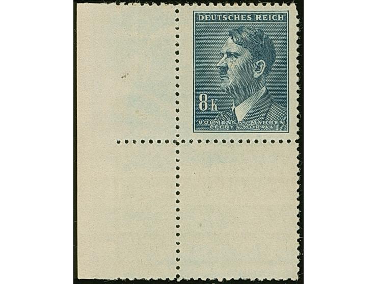 1942 Hitler 8 K. mit komplettem Leerfeld unten, aus der linken unteren Bogenecke, aus falsch getrenntem Druckbogen, postfrisc