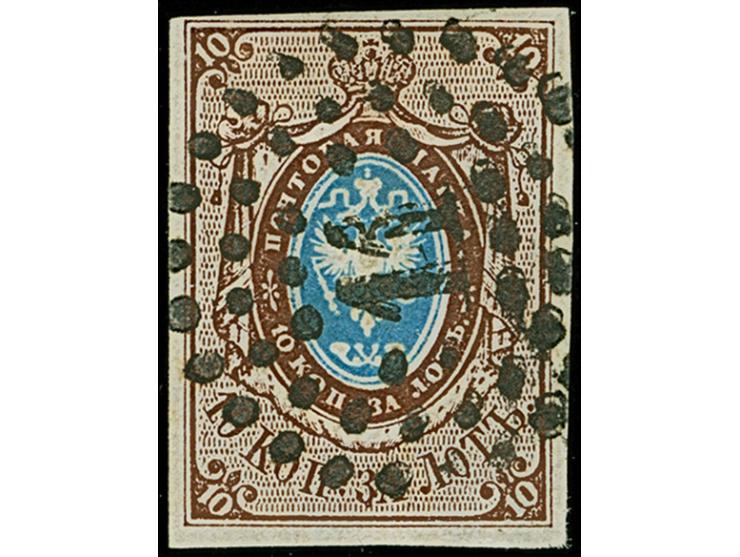 GRODNO (Belarus): 10 kopeck brown &amp; blue, clear to good margins, used with central and clear strike of dotted circular "1