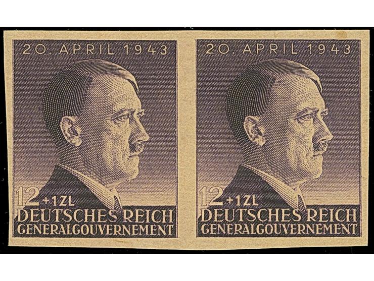 1943, Hitler 12 Zl., ungezähnter Probedruck auf ungummiertem, gelblichen Papier, waagerechtes Paar, tadellos, der rechte Wert