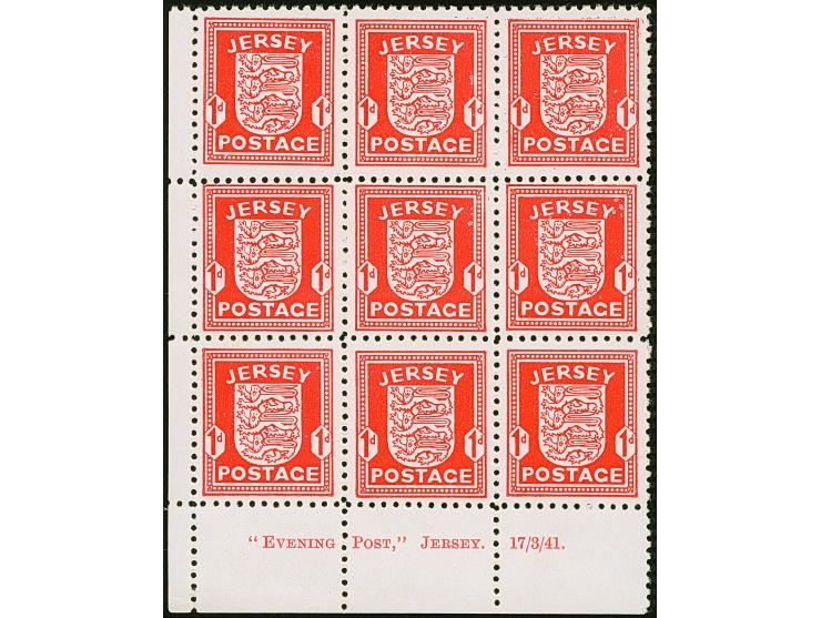 1941, Wappen 1P. auf gestrichenem, weißen Papier, 9er-Block aus der linken unteren Bogenecke mit Druckvermerk “EVENING POST,”
