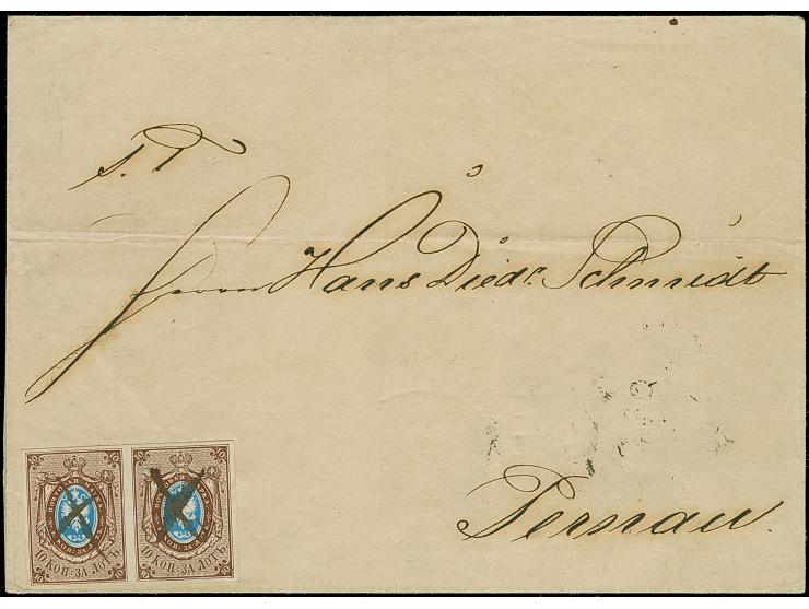 RIGA (Latvia): 10 kopeck brown and blue, horizontal pair with good to large margins, tied by pen crosses to letter sheet to P