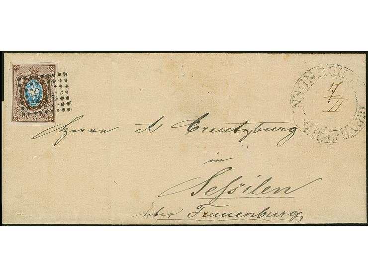 SCHRUNDEN (Latvia): 10 kopeck brown &amp; blue, good to large margins, tied by dotted rectangular "244", with adjacent pre-ph