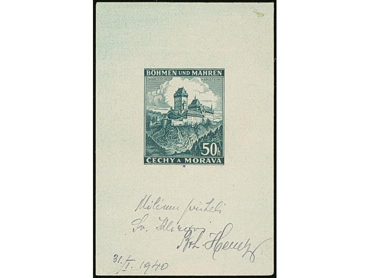 1939, Burg Karlstein 50H., schwarzblaugrün, Einzelabzug auf ungummiertem Papier (42x65mm), in von der endgültigen Ausgabe etw