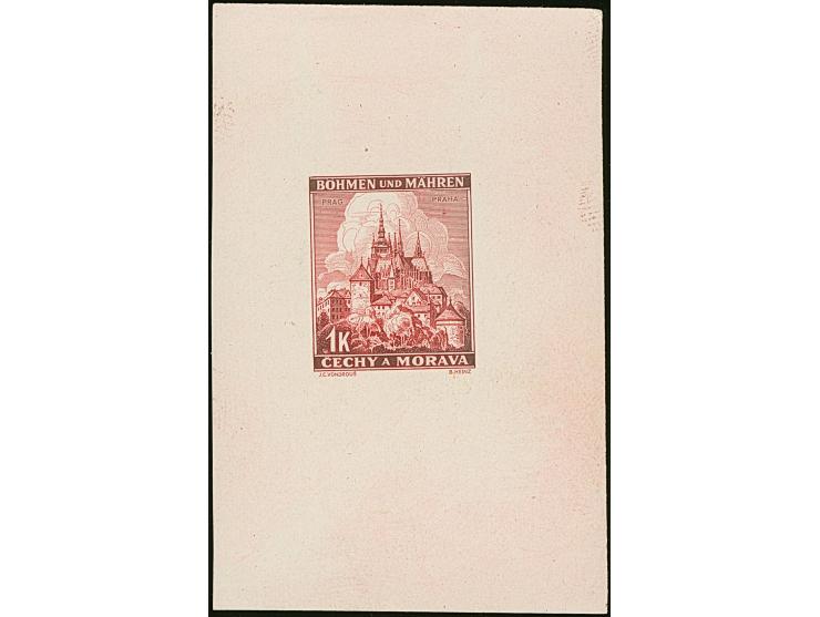 1939, Prag 1K. schwärzlichkarmin, Einzelabzug auf ungummiertem Papier (45x70mm), in von der endgültigen Ausgabe etwas abweich
