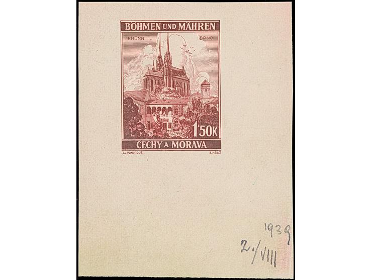 1939, Landesmuseum und Turm Brünn 1,50K., dunkelkarmin, Einzelabzug in von der endgültigen Ausgabe etwas abweichendem Format 