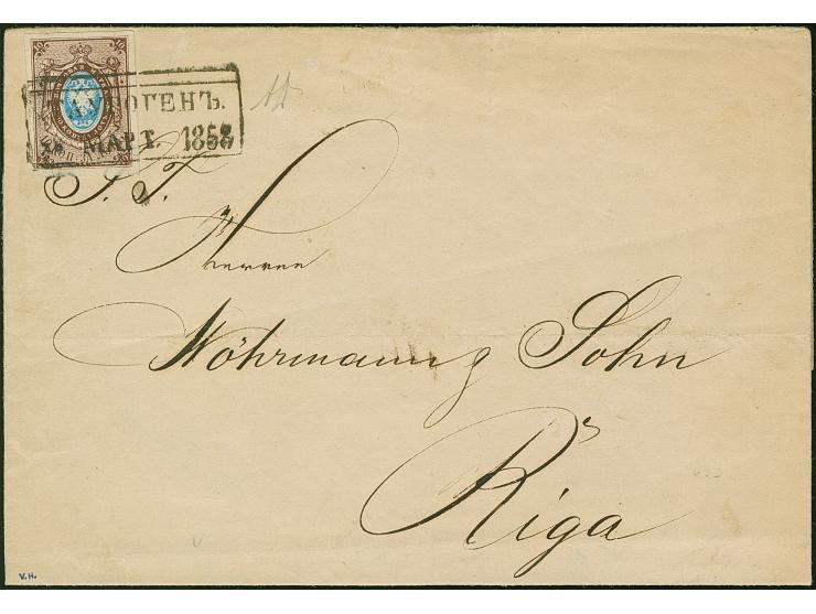 TAUROGGEN (Lithuania): 10 kopeck brown &amp; blue, large margins, tied by boxed &nbsp;"TAUROGEN 28 MAR 1858" to lettersheet w