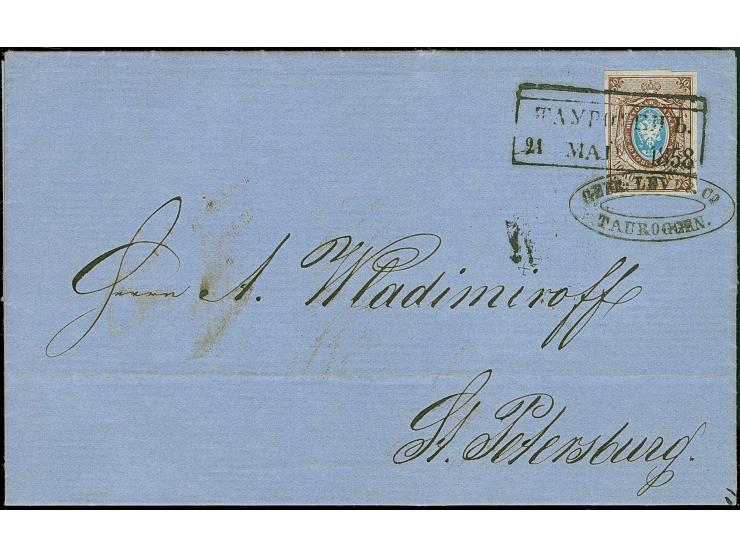TAUROGGEN (Lithuania): 10 kopeck brown &amp; blue, good to large margins, tied by boxed &nbsp;"TAUROGEN 21 MAY 1858" and oval