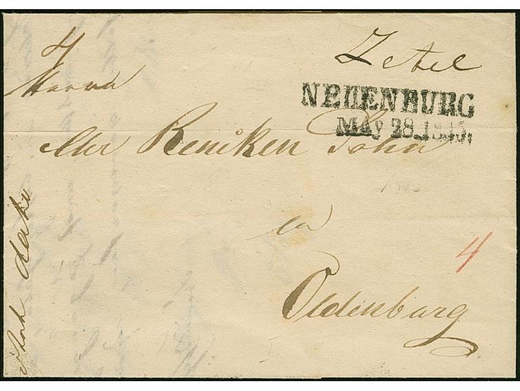 “ZETEL” handschriftlicher Aufgabevermerk auf komplettem Faltbrief (datiert Zetel 28.5.1835) mit schwarzem L2 “NEUENBURG MAY 2