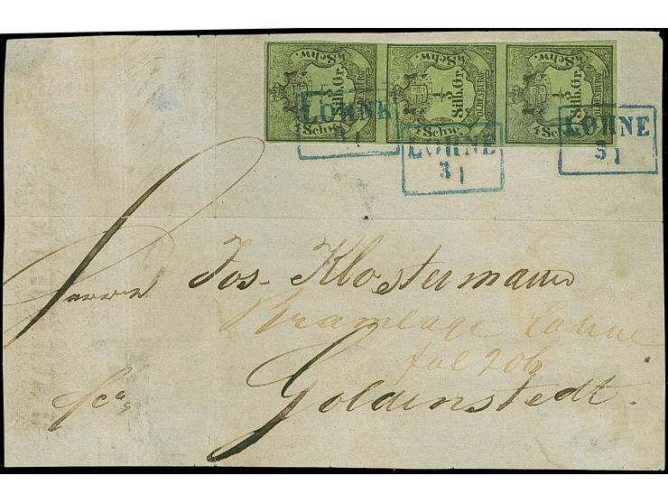 ⅓ Sgr. auf grün im senkrechten Dreierstreifen &nbsp;je mit klarem blauem Rahmenstempel “LOHNE 3.1.” auf Briefvorderseite nach