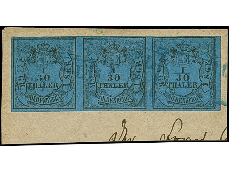 1/30 Th. auf blau im waagerechten Dreierstreifen mit blauem Rahmenstempel “VAREL 24.11” auf Briefstück. Die farbfrische Einhe