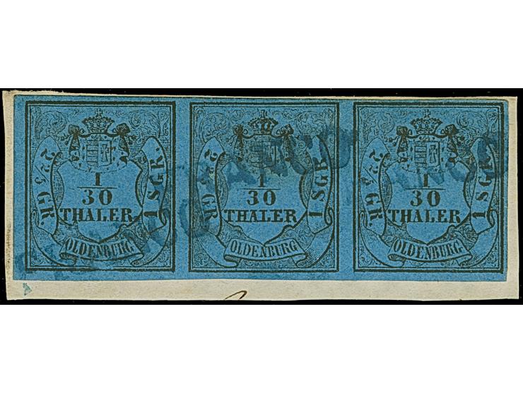 1/30 Th. auf blau, in Type I mit Plattenfehler “Retusche des Plattenschaden” im waagerechten Dreierstreifen mit zwei Marken i