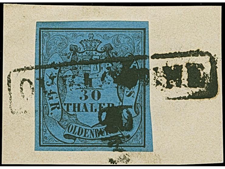 “OVELGÖNNE 20/3” in schwarz klar auf 1/30 Th. auf blau in Type II auf Briefstück. Die farbfrische Marke ist allseits breitran