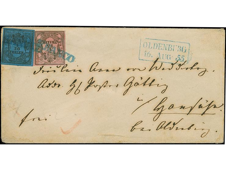 1/30 Th. auf blau, Type III und 1/15 Th. auf rosa in Type I, jeweils voll- bis breitrandig mit blauem L1 “FRANCO” als tarifge