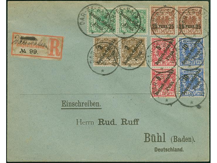 1893, 25 P. auf 50 Pfg. lebhaftrötlichbraun im waagerechten Paar, als Zufrankatur mit 2 P. bis 10 P. (jeweils im Paar), saube