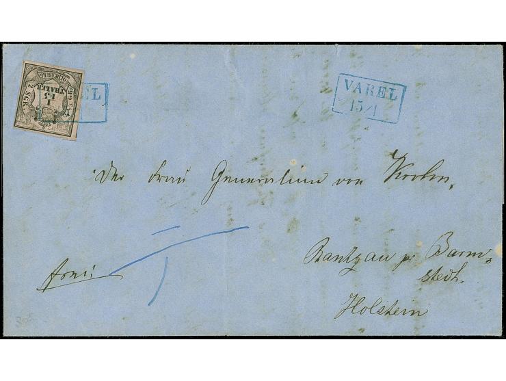 1/15 Th. auf rosa, Type I mit blauem Rahmenstempel “VAREL 15.1.(58)” auf komplettem Faltbrief via Hamburg nach Rantzsau (Herz