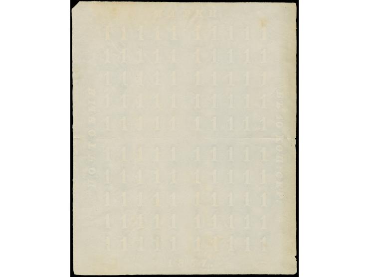 1857, "1" watermark proof, complete sheet of 100, comprising 4 panes of 25, showing the position layout and watermarked inscr