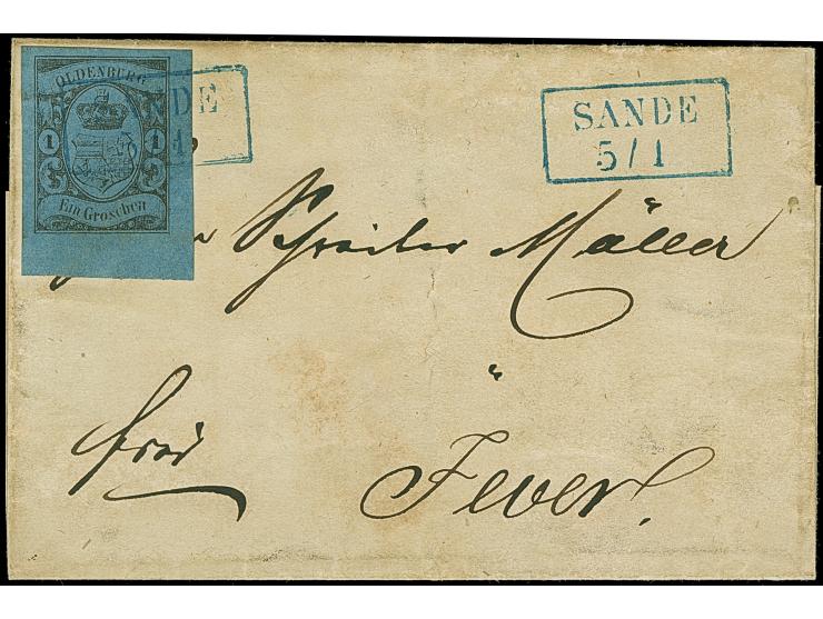 1 Gr. lebhaftgraublau, allseits breitrandig mit 5,5-6 mm Bogenrand unten, sauber mit blauem Ra1 “SANDE 5.1” auf Faltbriefhüll