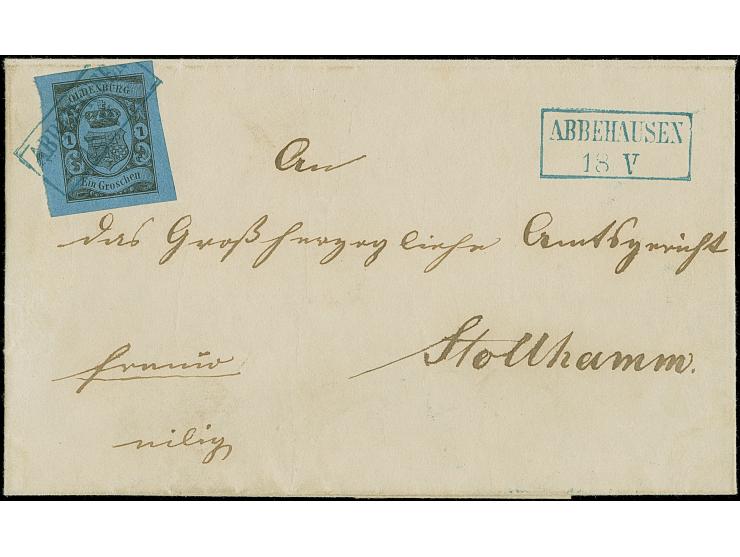 “ABBEHAUSEN 18.V.” blauer Rahmenstempel klar auf allseits breit- bis überrandig geschnittener 1 Gr. lebhaftgraublau auf Faltb