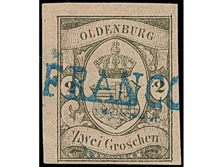 2 Gr. auf rosa, farbfrisch und allseits voll-, meist breitrandig, im Schnitt mit blauem L1 “FRANCO”, in tadelloser Erhaltung,