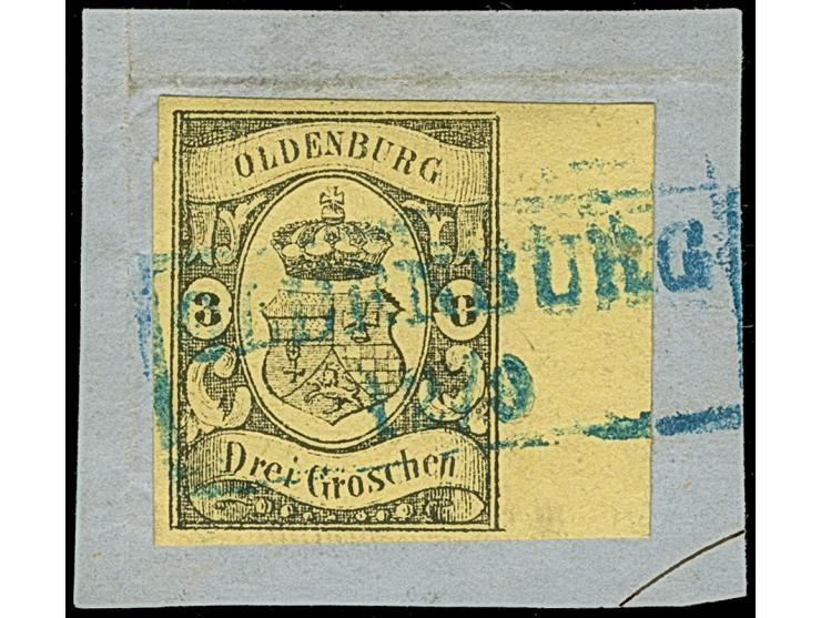 3 Gr. auf gelb, farbfrisch und allseits voll- bis breitrandig mit rechts 8 mm Bogenrand, mit blauem Rahmenstempel “OLDENBURG 