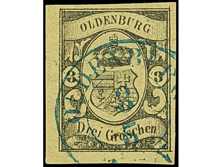3 Gr. auf gelb, farbfrisch und allseits breitrandig mit blauem DKr. “OLDENBURG 3.5.”, in tadelloser Erhaltung, Fotobefund Ste
