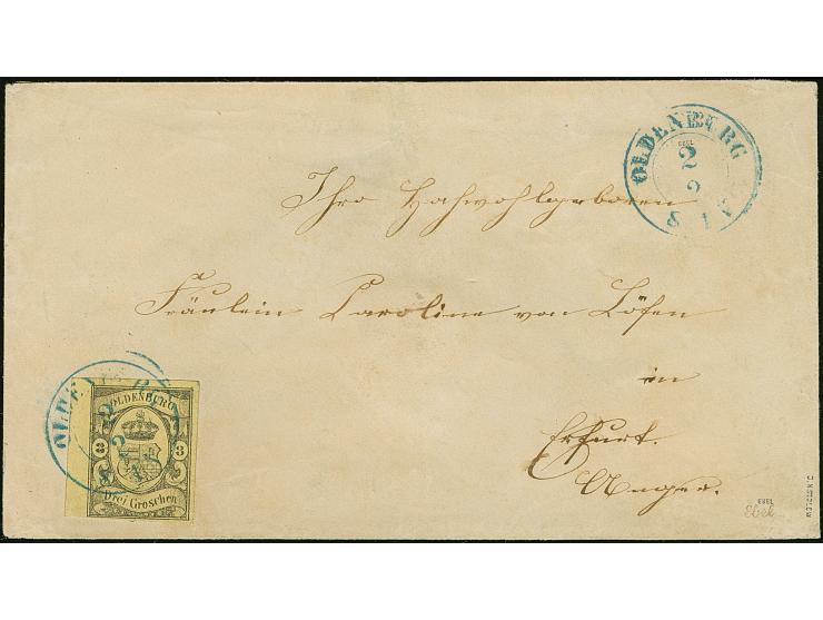 3 Sgr. auf gelb mit blauem DKr. “OLDENBURG 2.2." auf Briefkuvert der 3. Entfernungszone nach Erfurt mit Ausgabestempel. Der U