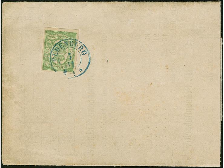 ⅓ Gr. bläulichgrün, farbfrisch und allseits außerordentlich breitrandig mit klarem DKr. “OLDENBURG 7.11” auf Drucksache (voll