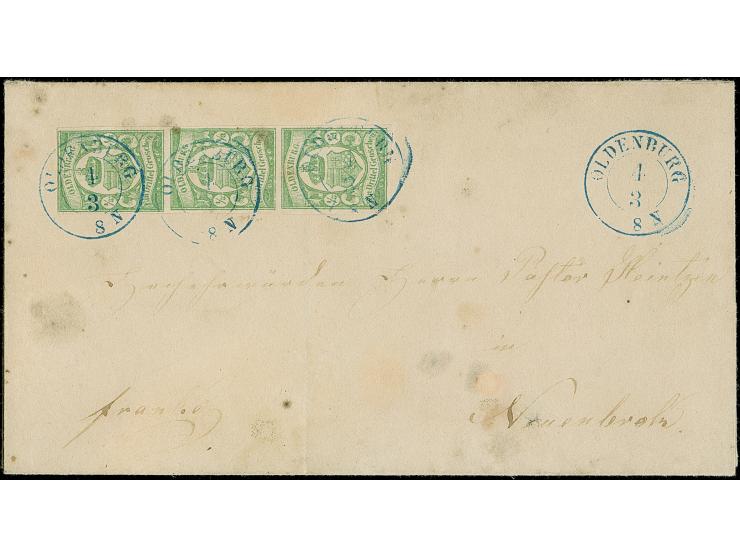 ⅓ Gr. gelblichgrün im senkrechten Dreierstreifen, allseits voll- bis breitrandig geschnitten, mehrfach mit klarem DKr. “OLDEN