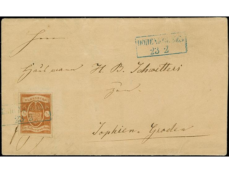 ½ Gr. orangebraun mit blauem Rahmenstempel “HOHENKIRCHEN 23.2.” als tarifgerechte Einzelfrankatur auf komplettem Faltbrief al