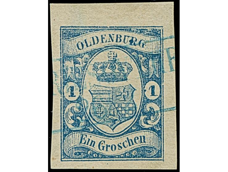 1 Gr. dunkelkobaltblau, allseits sehr breitrandig mit 4 mm Bogenrand oben, mit blauem Rahmenstempel “(F)RIESOYTHE 26…”, in ta