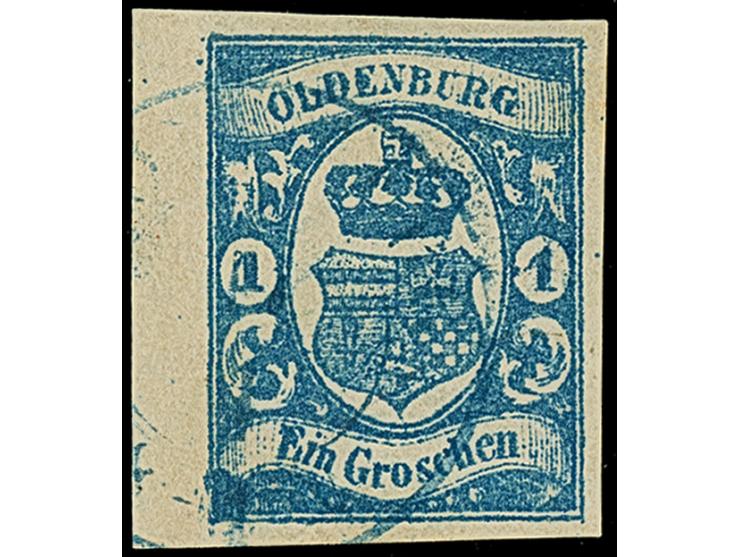 1 Gr. kobaltblau mit Plattenfehler “rechte Wertziffer 1 oben spitz und Farbfleck in der linken unteren Bogenecke” , mit blaue